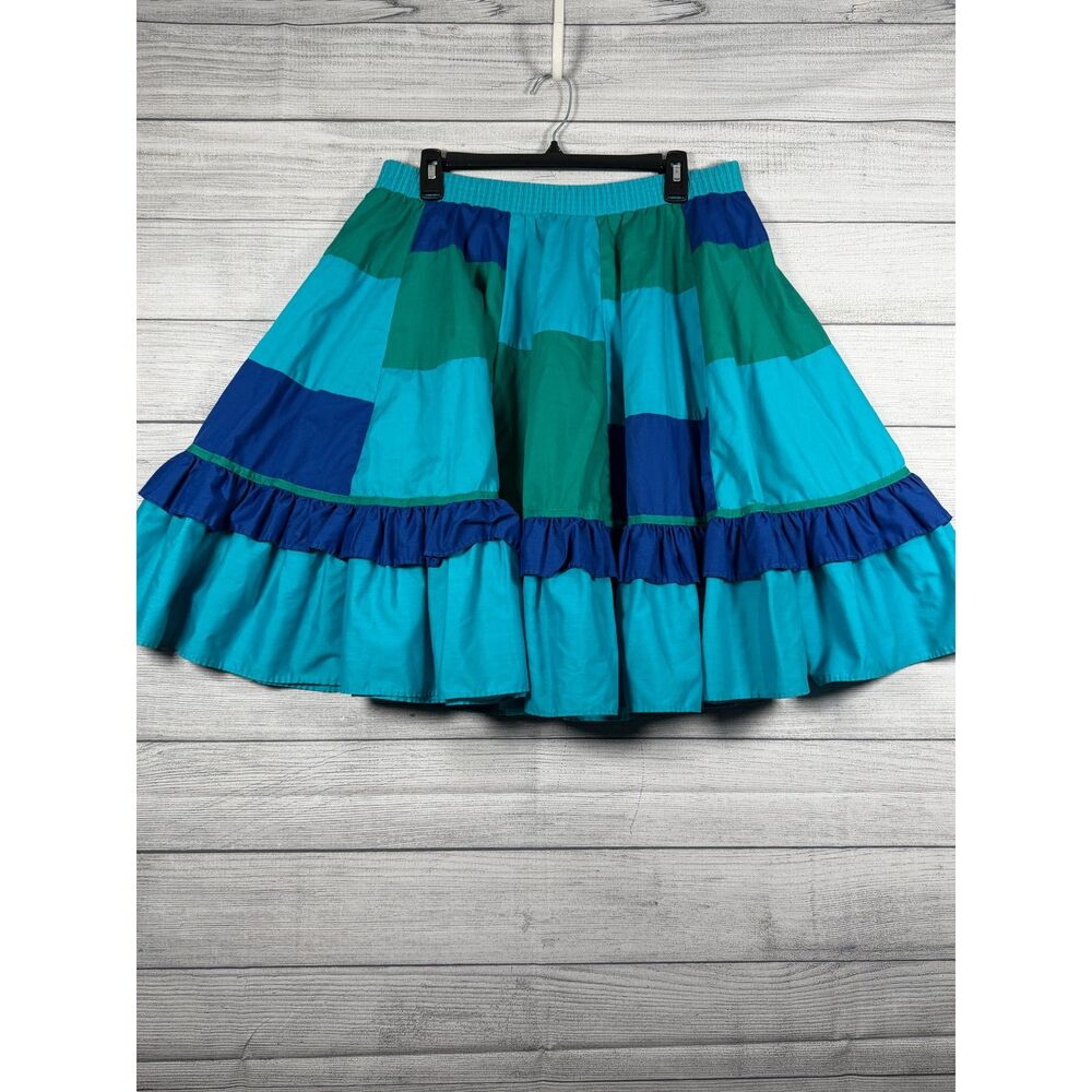 Vintage Malco Modes Medium Blue Green Colorblock Ruffle Full Skirt 4093